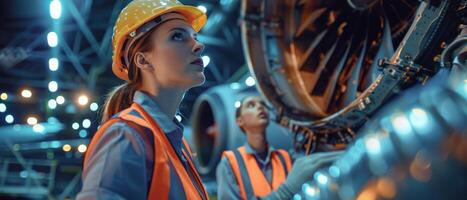Two female engineers in hardhats inspecting jet engine photo