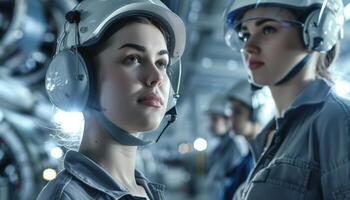 Two women in hard hats looking at something thoughtfully in a factory photo