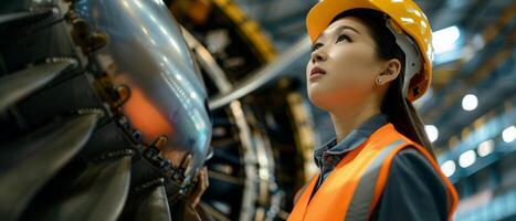 Thoughtful female engineer looking at a jet engine photo