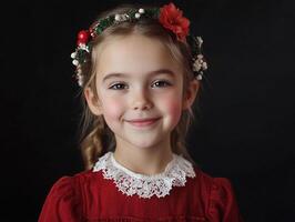 A little girl in a red dress smiling photo