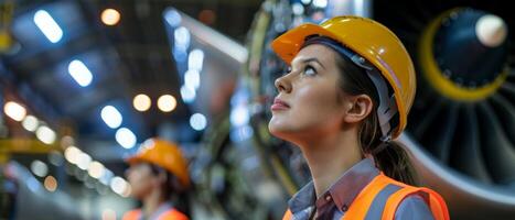 Thoughtful female engineer looking up at the aircraft engine. photo
