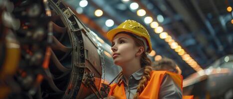 Thoughtful female engineer in hard hat and safety vest inspecting airplane engine in hangar photo