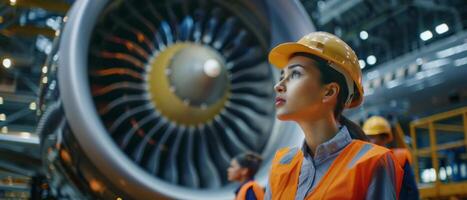 portrait of a confident female engineer in hard hat standing in front of an aircraft engine photo