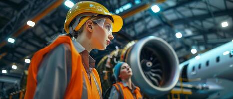 aircraft maintenance, woman engineer at work photo