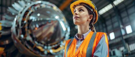 Thoughtful female engineer looking at large machinery photo
