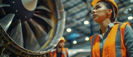 Thoughtful female engineer looking at a jet engine photo