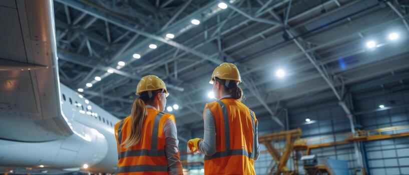 Two engineers in hard hats and safety vests inspect the wing of a large passenger plane in a hangar. photo