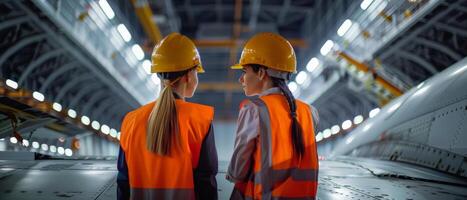 Two women in hard hats and safety vests looking at the progress of the tunnel construction project. photo