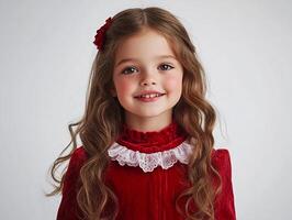 A little girl in a red dress smiling photo