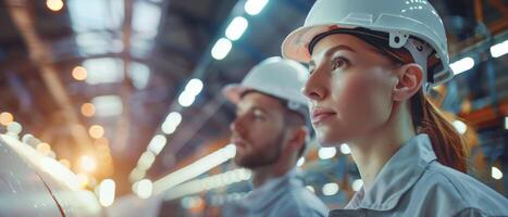 Portrait of two industrial engineers in hardhats at work in a modern factory photo