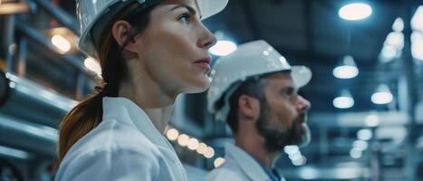 Thoughtful industrial engineers in hardhats looking at the production line. photo