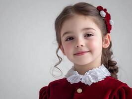 A little girl in a red dress with a bow photo