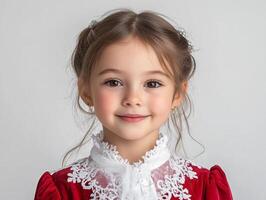 A little girl in a red dress posing for the camera photo