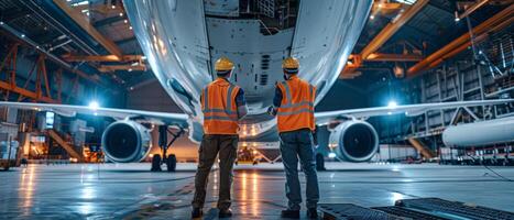 Two engineers in hard hats and safety vests inspect the undercarriage of a large passenger plane in a hangar. photo