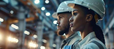Two industrial workers, a man and a woman, wearing hard hats and safety glasses, looking at something in the distance. photo