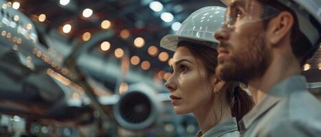 Two engineers in hardhats looking at the in the factory. photo