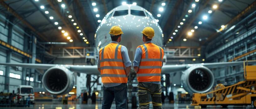 Two engineers in hard hats and safety vests looking at a passenger airplane in a hangar photo
