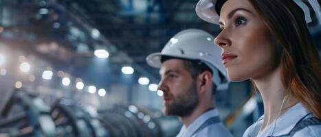 Portrait of two industrial engineers in hardhats at a modern factory photo