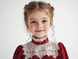 A little girl in a red dress with a white collar photo