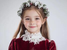 A little girl wearing a red velvet dress and a wreath photo