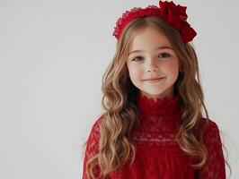 A little girl wearing a red dress and a red headband photo