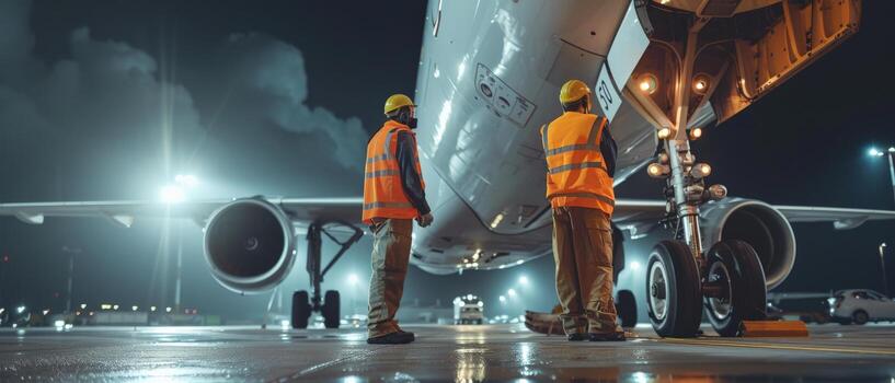 Two airport workers in reflective vests are inspecting an airplane. photo
