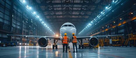 Two engineers in orange uniform standing in front of the airplane in the hangar photo
