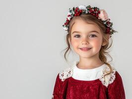 A little girl wearing a red dress and a flower crown photo