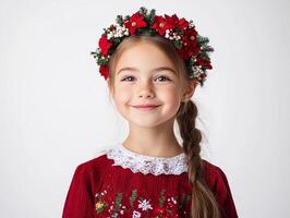 A little girl wearing a red dress and a wreath of flowers photo
