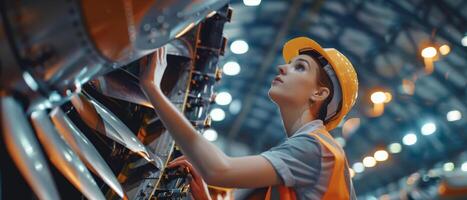 A female engineer wearing a hard hat and safety glasses inspects a machine in a factory. photo