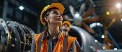 Thoughtful female engineer looking at the large engine in the factory photo