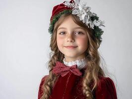 A little girl in a red dress and a wreath on her head photo
