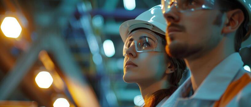 Two engineers in hard hats and safety glasses looking up at something. photo