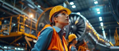 Thoughtful industrial engineer in hard hat looking up at machinery photo