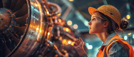 Thoughtful female engineer looking at the engine photo