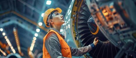 A female engineer in hard hat and safety vest examines a jet engine. photo