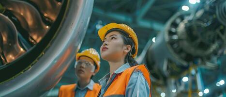 Two engineers, a man and a woman, inspect a jet engine. photo