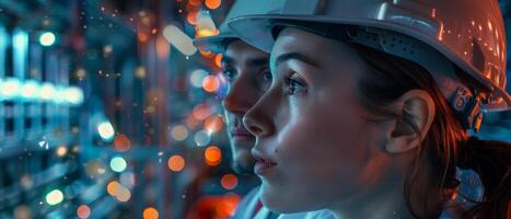 Thoughtful female engineer looking at the project. photo
