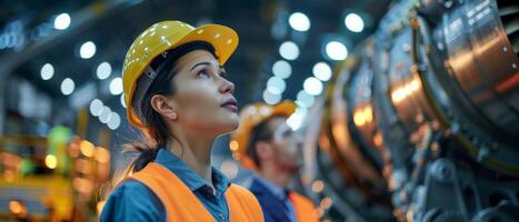 Thoughtful female engineer looking up at the production line in a modern factory. photo