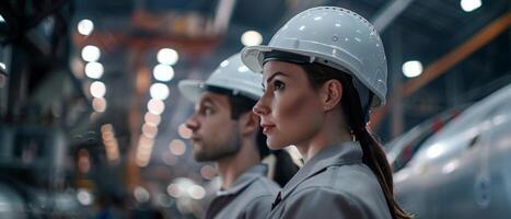Two engineers in hardhats looking at the production line. photo