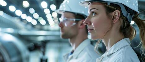Portrait of two engineers in hardhats and safety glasses looking at machinery in an industrial setting. photo