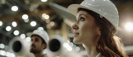 Thoughtful female engineer wearing hardhat looking at the production line photo
