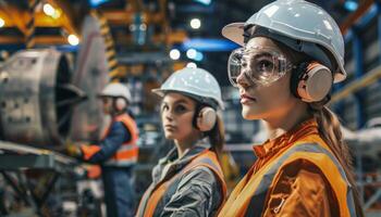 Two women in hard hats and safety glasses looking at machinery in a factory photo