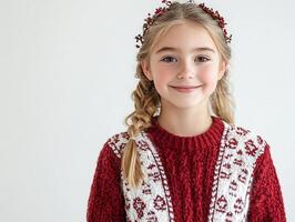 A young girl in a red sweater and braids photo