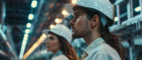Two industrial workers wearing hard hats and coveralls inspect a large machine in a factory. photo