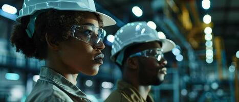 Two industrial workers wearing hard hats and safety glasses looking at something. photo