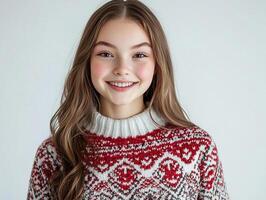 A girl in a red and white sweater smiling photo