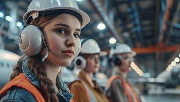Three women in hard hats and safety vests are working in a factory. photo