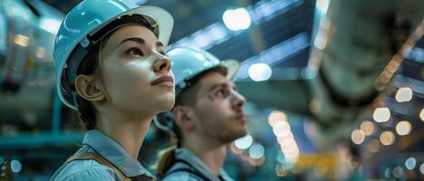 Two engineers in hardhats looking at something. photo