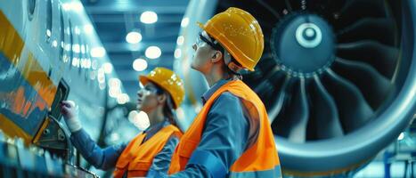 Two aircraft maintenance engineers in hard hats and safety vests are working on the engine of a passenger airplane. photo